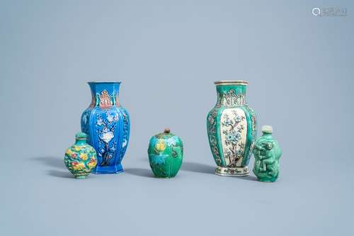 A Chinese sancai glazed relief moulded jar and cover, two sn...