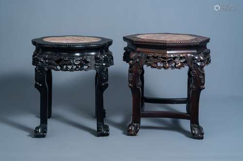 Two Chinese carved wooden stands with marble top, 19th/20th ...