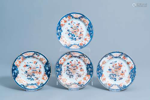Four Chinese Imari style plates with antiquities and floral ...
