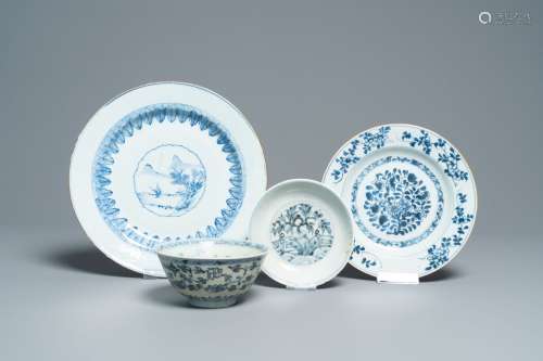 Three various Chinese blue and white plates and a bowl with ...