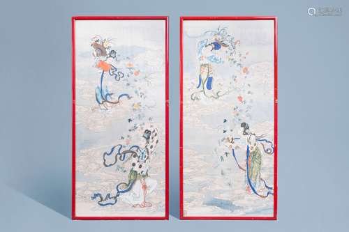 Chinese school, ink and colours on silk, 19th/20th C.: Two w...