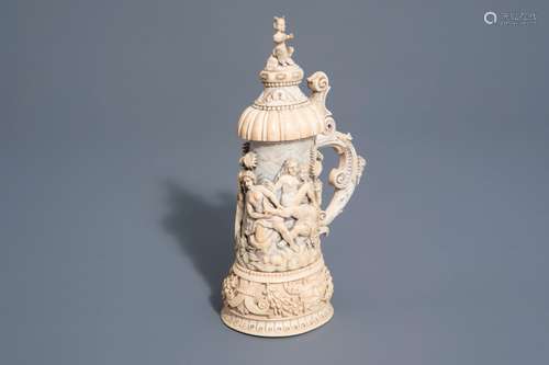 A German ivory mug and cover or tankard with a mythological ...