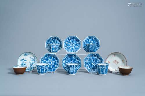 Seven Chinese blue, white and famille rose cups and saucers ...