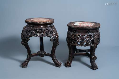 Two Chinese carved wooden stands with marble top, 19th/20th ...