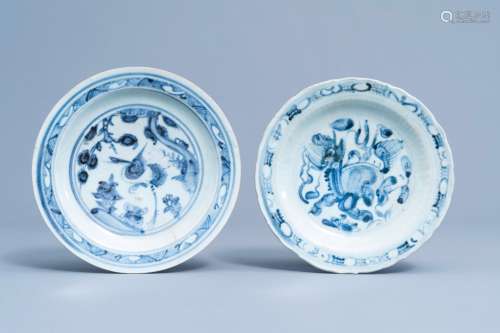 Two Chinese blue and white plates with a mythical creature, ...