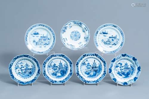 Seven Chinese blue and white dishes with a landscape and flo...
