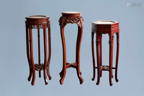 Three Chinese wood stand with marble top, 20th C.