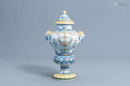 A large French polychrome Rouen stylee vase and cover with f...