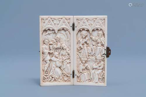 A French Gothic Revival carved ivory diptych depicting the A...