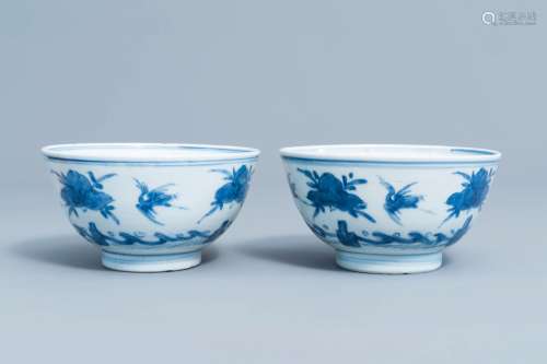 Two Chinese blue and white bowls with cranes and peaches, Mi...