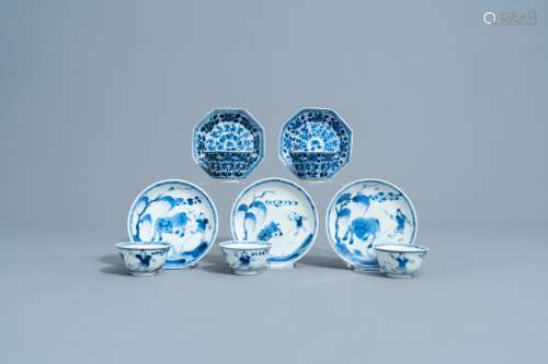Five Chinese blue and white cups and saucers with floral des...