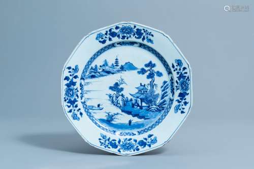 A Chinese blue and white octagonal charger with an animated ...
