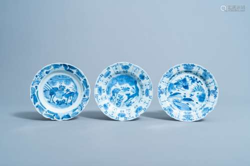 Three Chinese blue and white plates with deer and ducks in a...