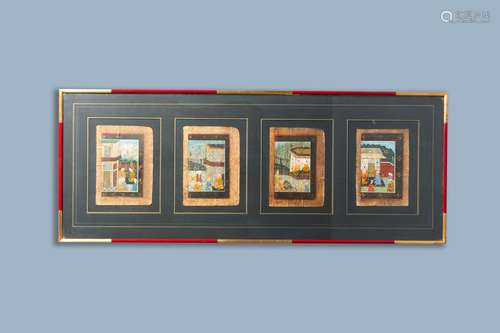 Four framed Persian narrative miniatures on paper, India, 19...