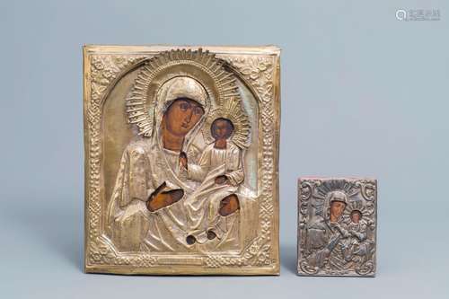 Two Russian 'Mother of God' icons with silver and copper okl...