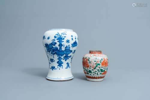 A Chinese blue and white 'antiquities' vase and a wucai jar ...