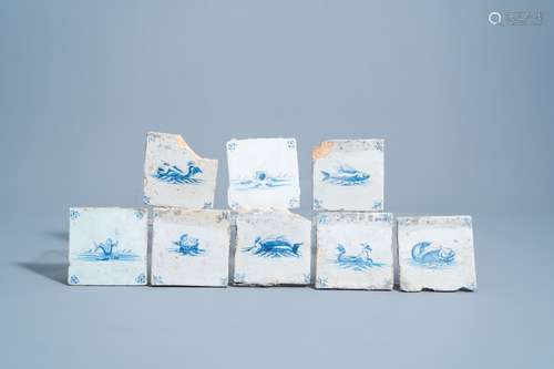 Eight Dutch Delft blue and white 'sea monster' tiles, 17th C...