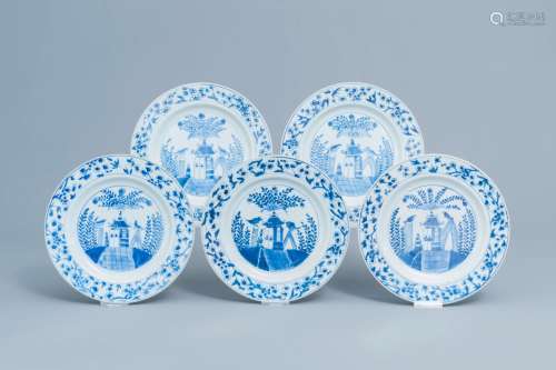 Five Chinese blue and white 'Cuckoo outside the house' plate...