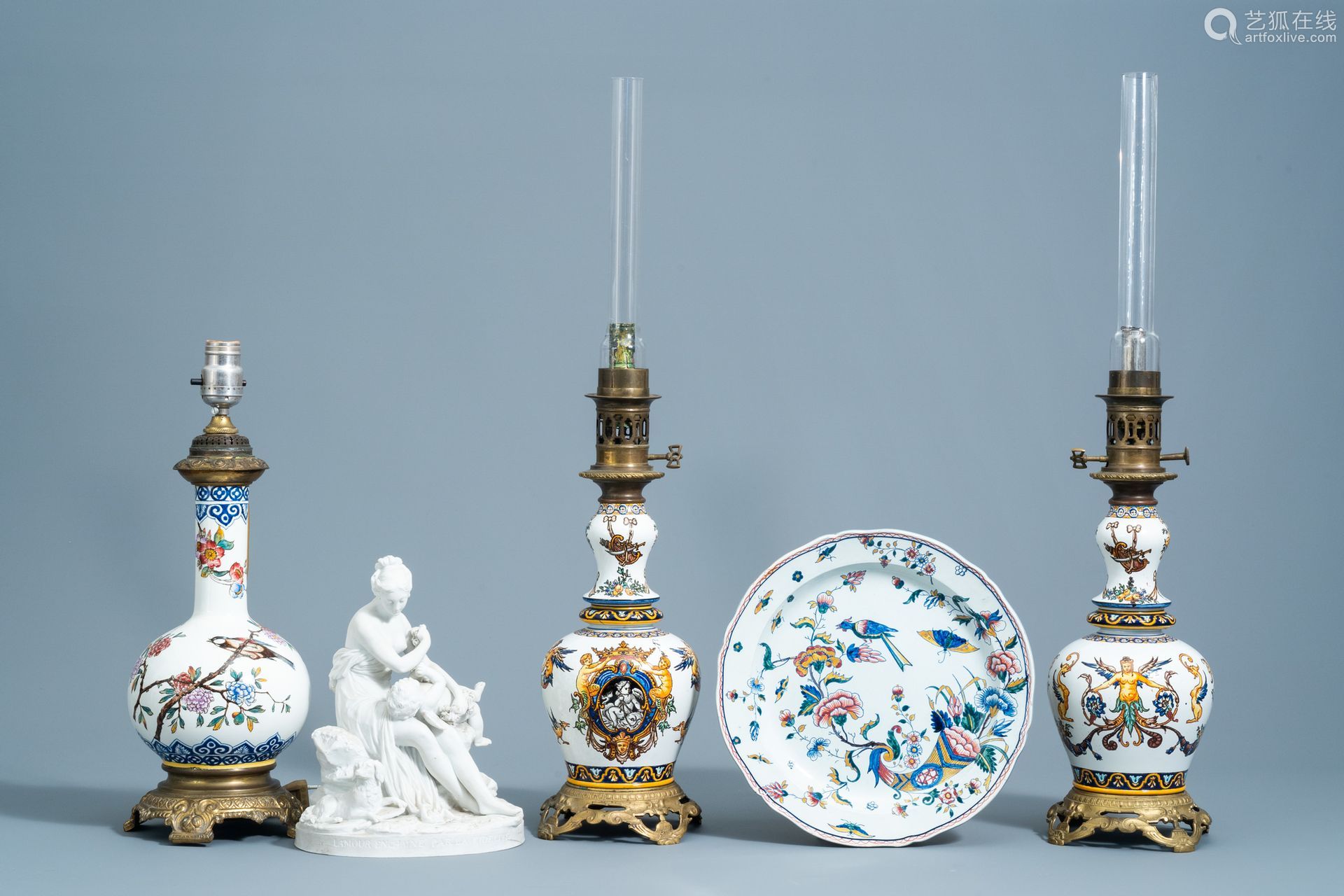 Three French Polychrome Gien Vases Mounted As Lamps A Plate Deal Price Picture Three French Polychrome Gien Vases Mounted As Lamps A Plate Deal Price Picture