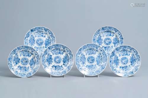 Six Chinese blue and white dishes with floral design and rai...