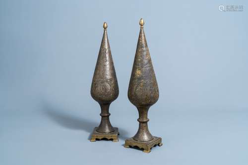 A pair of reticulated gilt bronze cone shaped ornaments with...