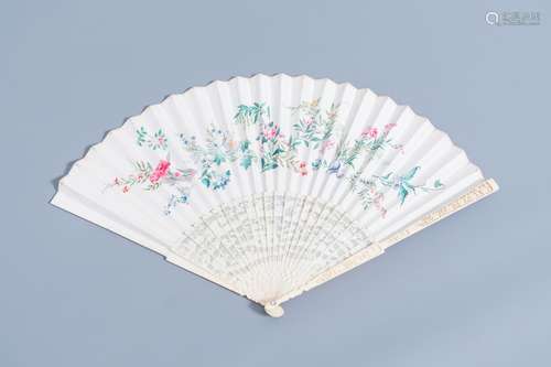 A Chinese painted paper and ivory fan with floral design, Ca...