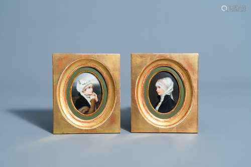 Two oval framed porcelain plaques with women's portraits aft...