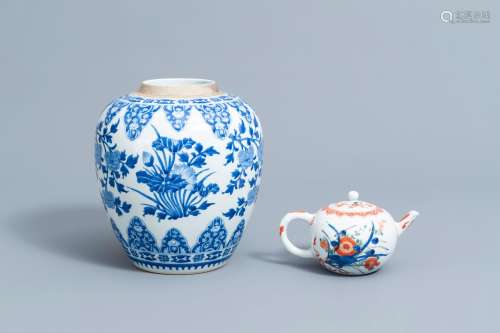 A Chinese blue and white jar and a verte-Imari teapot and co...