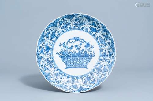 A lobed Chinese blue and white charger with a flower basket ...
