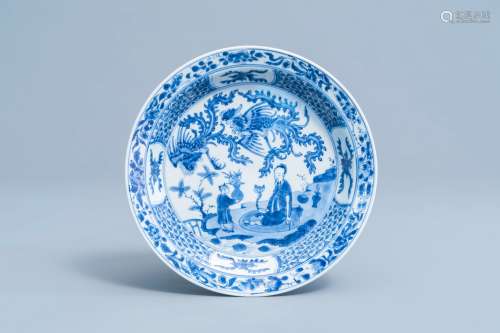 A Chinese blue and white dish with figures and phoenixes in ...