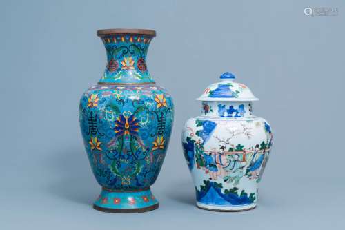 A Chinese wucai vase and cover with figurative design and a ...