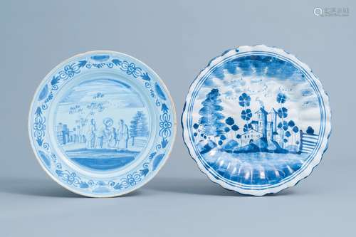 Two German blue and white plates with a landscape and a bibl...