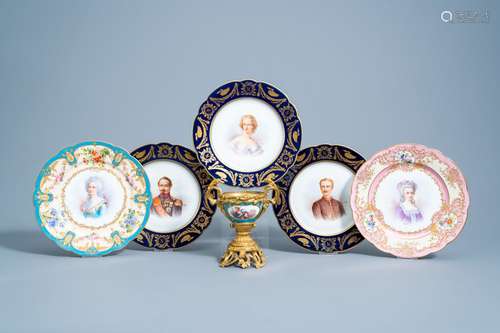 Five French Sevres 'portrait' plates and a gilt bronze mount...