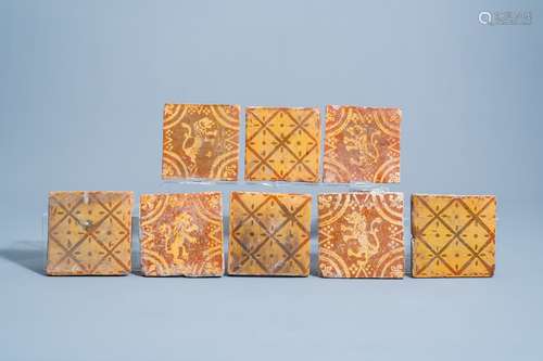 Eight Flemish slip decorated redware tiles with lions and a ...