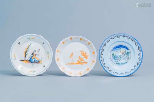 A fine Italian polychrome Savona 'landscape' plate and two v...