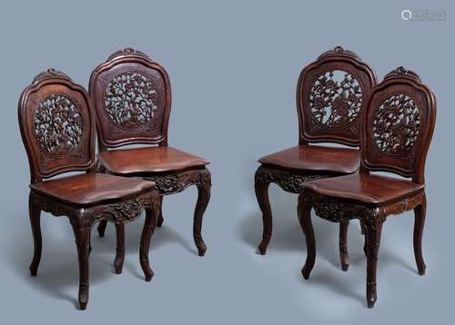 Four wooden chairs with reticulated backs, Macao or Portugue...