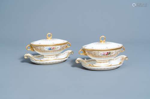 A pair of French tureen and covers on stand with gilt and po...