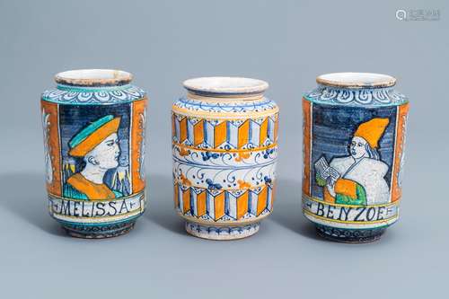 Three various Italian polychrome maiolica albarelli, ca. 190...