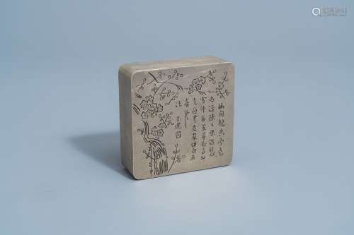 A Chinese square paktong metal scholar's ink box with callig...