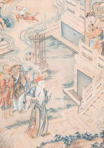 Chinese school, ink and colours on paper, 19th C.: Mythologi...