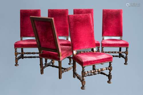 Six Dutch wooden chairs with red velvet upholstery, mainly 1...