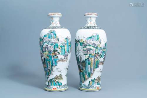 A pair of Chinese famille verte meiping vases with an animat...