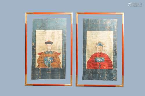 Chinese school, colours on canvas: 19th C.: A pair of portra...