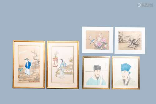 Chinese school, 20th C.: Six various paintings and heightene...