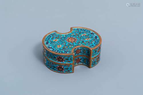 A Chinese cloisonne ingot shaped box and cover with lotus de...