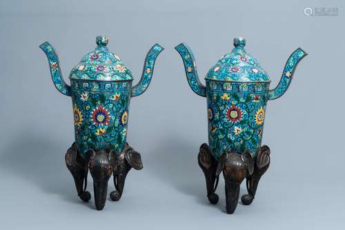 A pair of large Chinese cloisonne tripod censers and covers ...