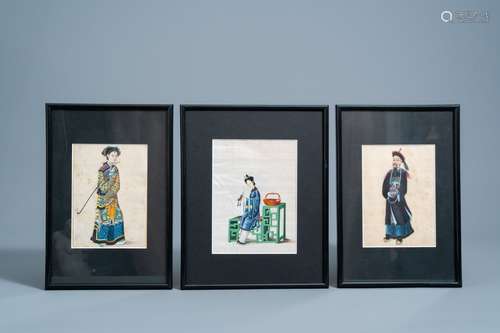 Chinese school, ink and colours on pith paper, 19th C.: Thre...