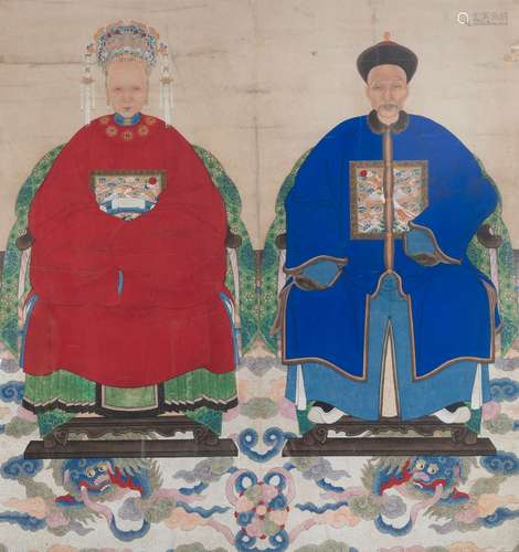 Chinese school, colours on paper, 19th C.: A pair of portrai...