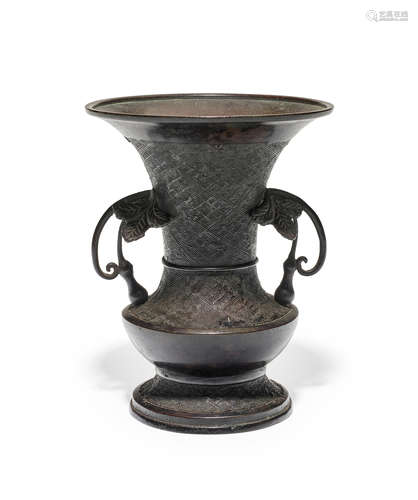 A BRONZE FUTABANA (FLOWER VASE)