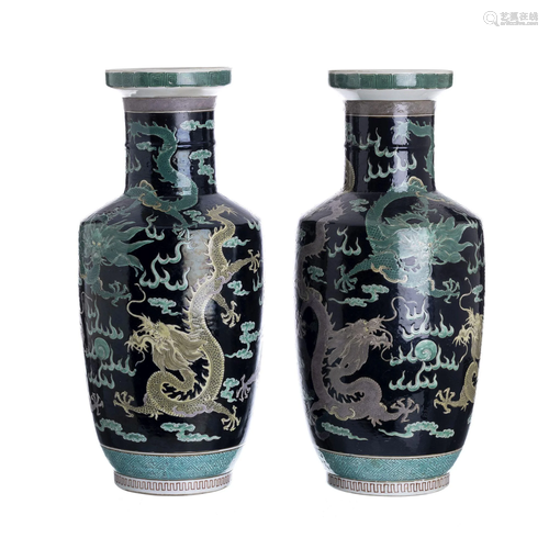 Pair of Chinese Famille noir porcelain dragon vases,